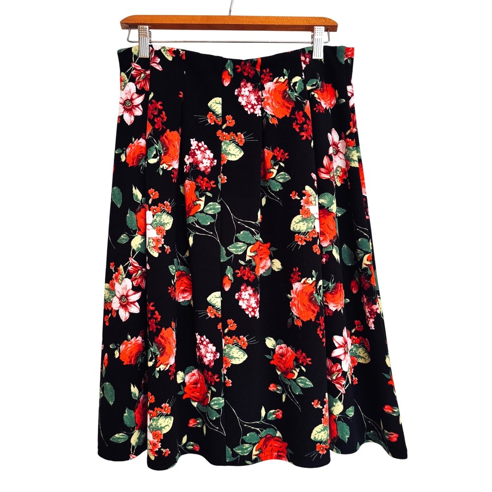 Contenta Women XL Black Floral A-Line Midi Skirt Box Pleats Made in Canada